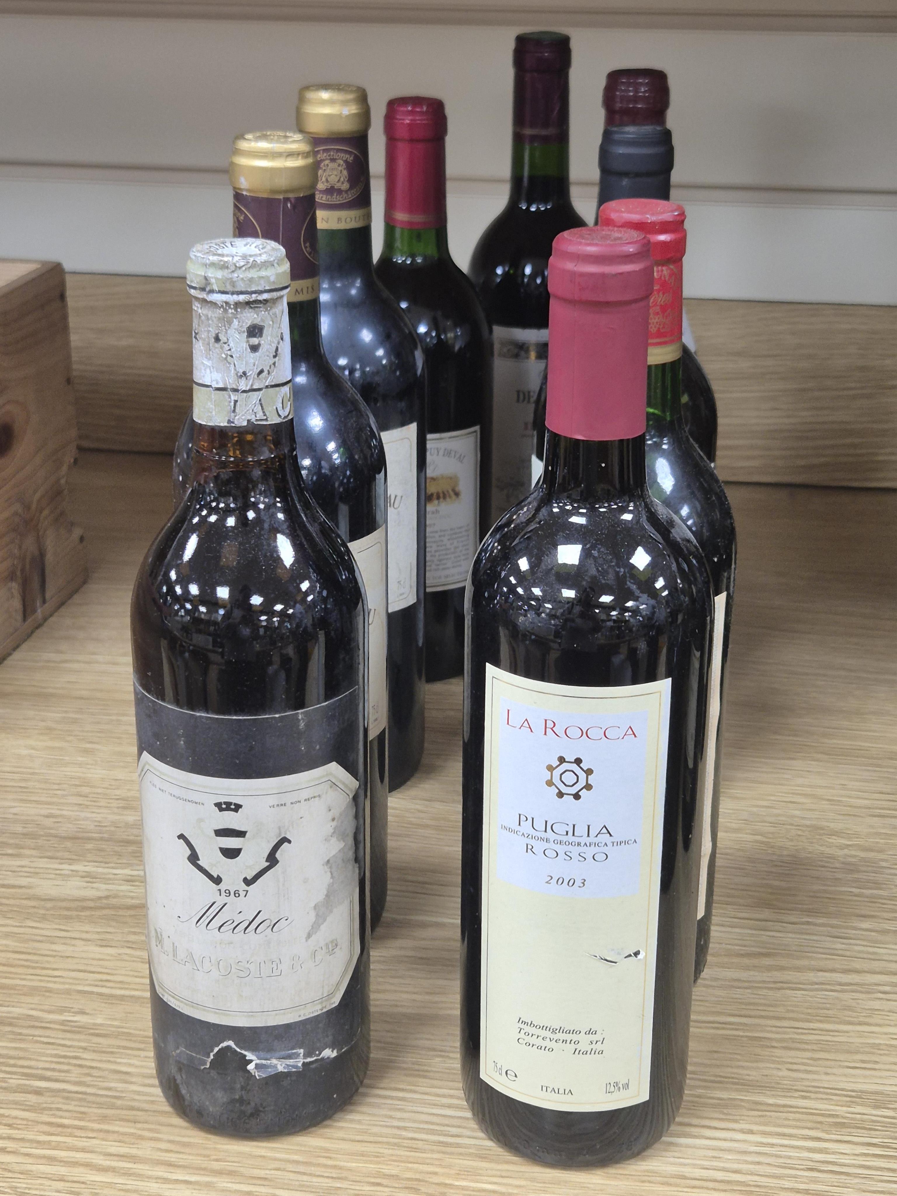 Chateau Cotes de Chambeau, 2001, two bottles, and seven other bottles of red wine